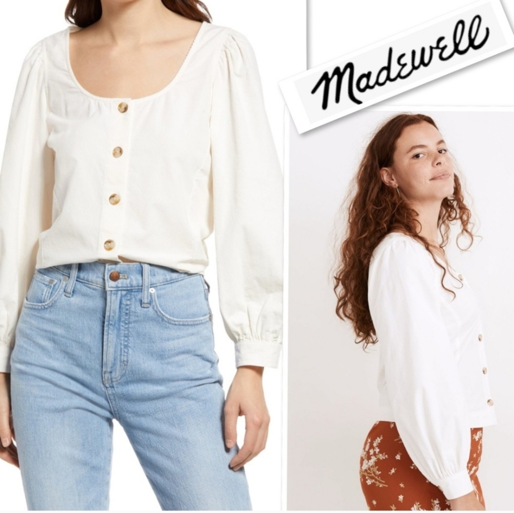 Madewell Corduroy Shirred-Sleeve Button-Front Top